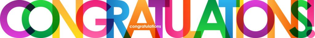 Congratulations with multiple colors: purple, green, gold, pink, blue and orange